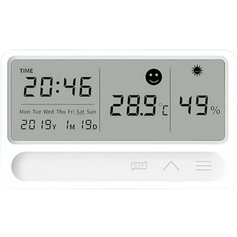 Hygromètre numérique thermomètre LED d'intérieur avec horloge date alarme icônes de climat et confort enregistrements maximum/minimum Montage mural Commutable °C/°F