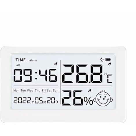 Hygromètre numérique thermomètre rechargeable intérieur avec réveil, indicateur de date et icônes de niveau de confort pour la maison, la chambre de bébé Montage mural