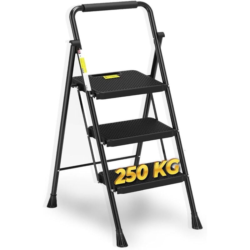 Escabeau a' 3 Marches, Tabouret Pliant avec Large Pe'dale Antide'rapante, E'chelle Stable en Acier, Poigne'e Confortable, Tabouret Escabeau en Acier