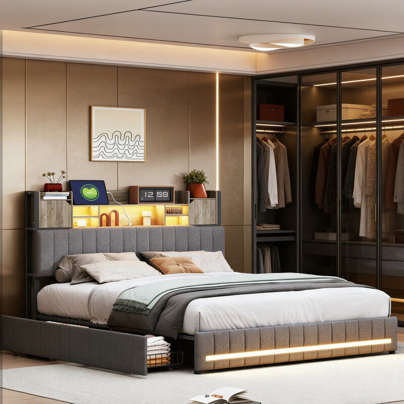 HYTKKBD – Lit avec Tiroirs 140x190cm,Lit Double avec LED et Chargement USB,Lit Capitonné avec 4 Tiroirs,Tête de Lit avec Rangement,Lit Adulte avec