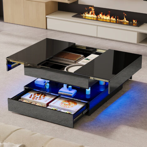 HYTKKBD – Table Basse LED avec Tiroirs,78x78x43cm,Tiroir avec deux ressorts de pression,Finition Haute Brillance,Table Basse Rectangulaire,Table Basse Salon,MDF,Noir
