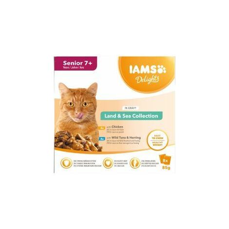Iams Delights Senior Cat Land  & Sea Collection in Gravy 8pk - 85g - 817404