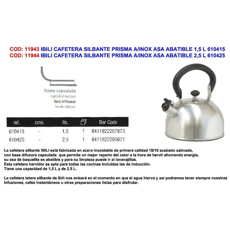 

ibili cafetera silbante prisma a-inox asa abatible 1,5 l 610415 - Mibricotienda