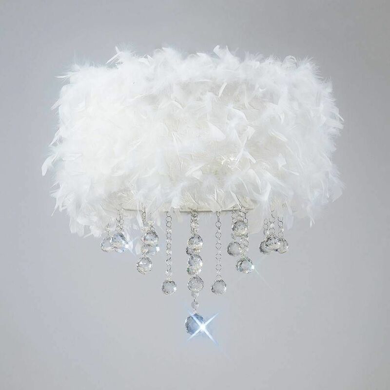 09diyas - Ibis ceiling lamp with white feather shade 3 polished chrome / crystal bulbs