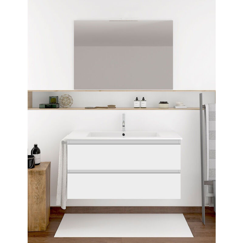 Ibiza Badezimmer Set mit 2 Schubladen, 8 verschiedene Farben, 15 Maße, inkl. Möbel, Waschbecken und Spiegel, Glänzend Weiß 100x45Cm  - Onlineshop ManoMano