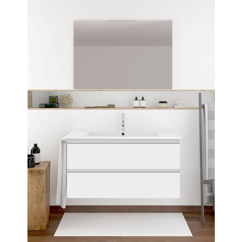 Ibiza Badezimmer Set mit 2 Schubladen, 8 verschiedene Farben, 15 Maße, inkl. Möbel, Waschbecken und Spiegel, Glänzend Weiß 60x45Cm  - Onlineshop ManoMano