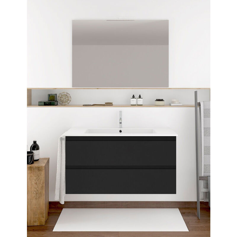 Ibiza Badezimmer Set mit 3 Schubladen, 8 verschiedene Farben, 15 Maße, inkl. Möbel, Waschbecken und Spiegel, Graphit 90x45Cm  - Onlineshop ManoMano