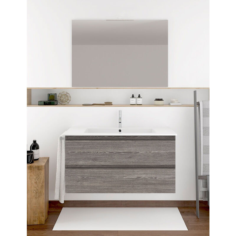 Ibiza Badezimmer Set mit 2 Schubladen, 8 verschiedene Farben, 15 Maße, inkl. Möbel, Waschbecken und Spiegel, Smoky Eiche 100x45Cm  - Onlineshop ManoMano
