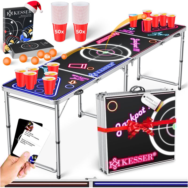 Set de table Beer Pong avec jeu de cartes Jeu à boire - 100 gobelets inclus (50 rouges & 50 bleus) 6 balles + règlement Partyspiele Table Réglable en
