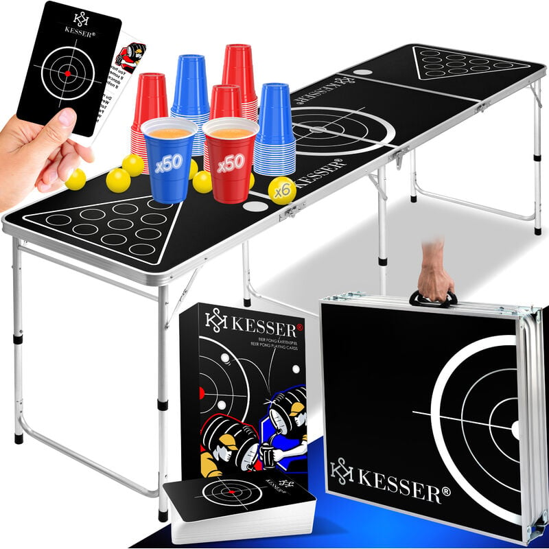 Set de table Beer Pong avec jeu de cartes Jeu de boisson - 100 gobelets inclus (50 rouges & 50 bleus) 6 balles + règlement Jeux de fête Table