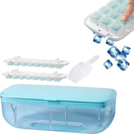 Ice Cube Tray with Lid and Bin,Press Type Ice Cube Maker,Ice Cube Tray with Lid and Bin,One Second Release All Ice Cubes+Scoop+bleu