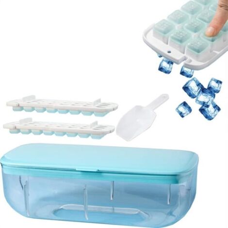 Ice Cube Tray with Lid and Bin,Press Type Ice Cube Maker,Ice Cube Tray with Lid and Bin,One Second Release All Ice Cubes+Scoop+bleu
