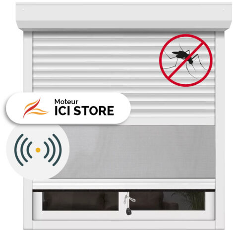 Ici Store – Volet roulant électrique avec moustiquaire intégrée – Motorisation radio – Aluminium blanc 9016 – Dimensions H135xL120 cm