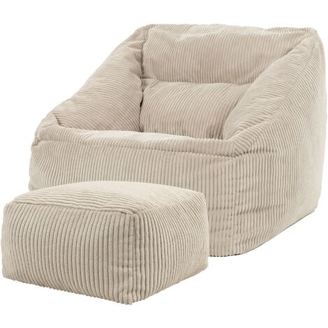 icon Pouf Fauteuil en Velours Côtelé Morgan et Repose-Pieds, XXL Pouf Geant pour Salon, Pouf Poire Adultes, Beige, OEKO-TEX