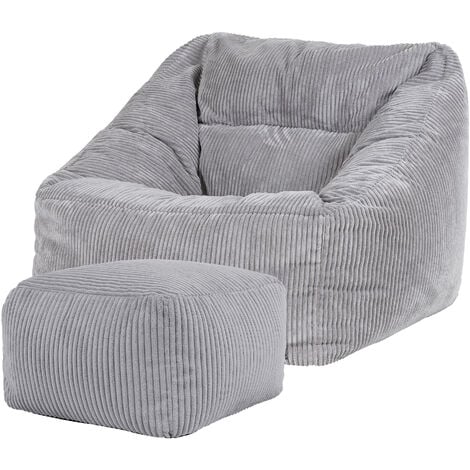 icon Pouf Fauteuil en Velours Côtelé Morgan et Repose-Pieds, XXL Pouf Geant pour Salon, Pouf Poire Adultes, Gris, OEKO-TEX