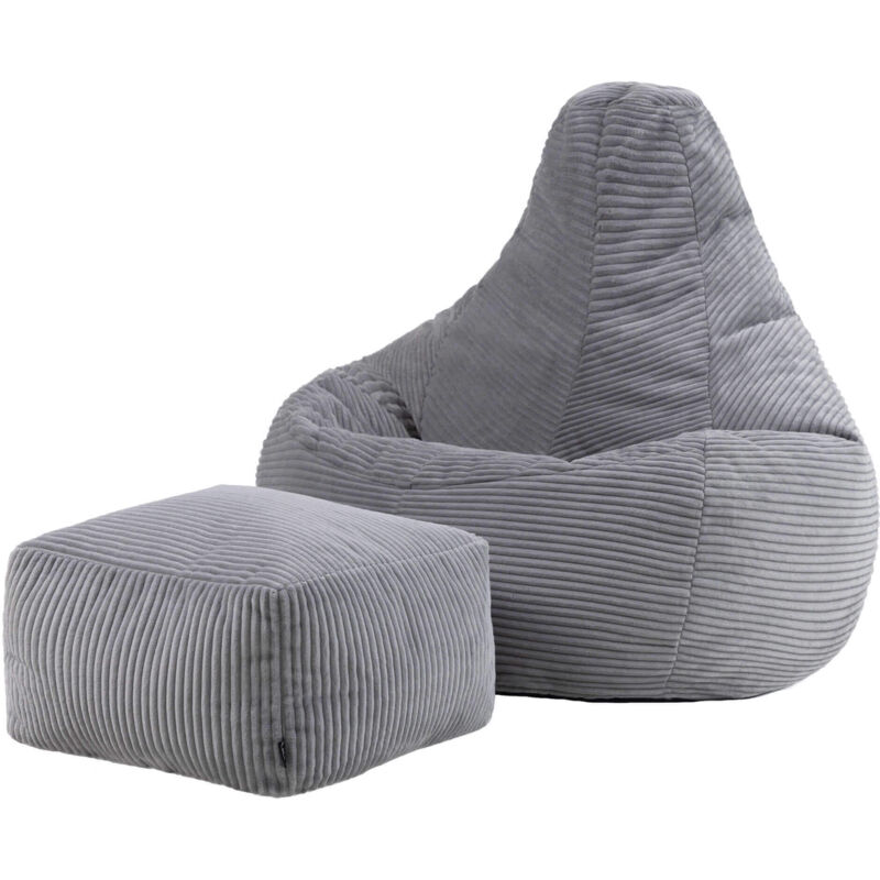 Pouf Fauteuil en Velours Côtelé Dalton et Repose-Pieds, Poufs de Salon pour Adultes. Gris, oeko-tex - Icon