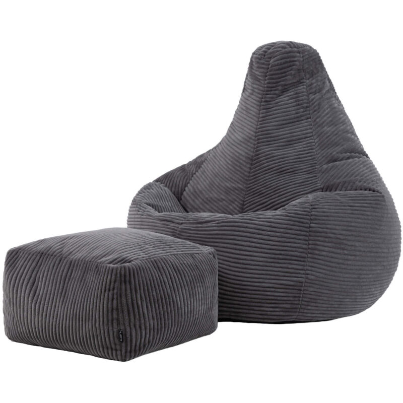 icon Pouf Fauteuil en Velours Côtelé Dalton et Repose-Pieds, Poufs de Salon pour Adultes. Gris Anthracite, OEKO-TEX