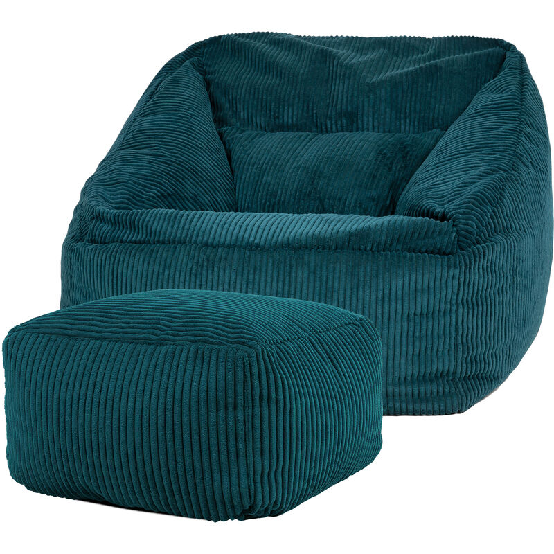 Pouf Fauteuil en Velours Côtelé Morgan et Repose-Pieds, xxl Pouf Geant pour Salon, Pouf Poire Adultes, Vert Sarcelle, oeko-tex - Icon