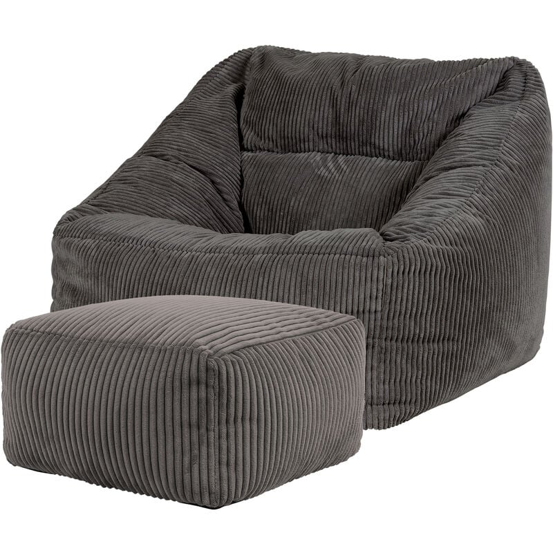 icon Pouf Fauteuil en Velours Côtelé Morgan et Repose-Pieds, XXL Pouf Geant pour Salon, Pouf Poire Adultes, Gris Anthracite, OEKO-TEX