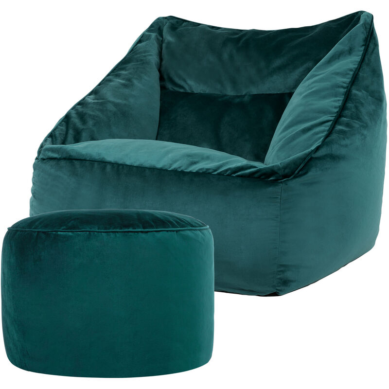 Pouf Fauteuil en Velours Natalia et Rond Repose-Pieds, xxl Pouf Geant pour Salon, Pouf Poire Adultes, Bleu Canard - Icon