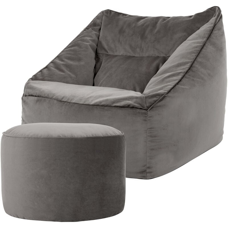 Pouf Fauteuil en Velours Natalia et Rond Repose-Pieds, xxl Pouf Geant pour Salon, Pouf Poire Adultes, Gris Anthracite - Icon