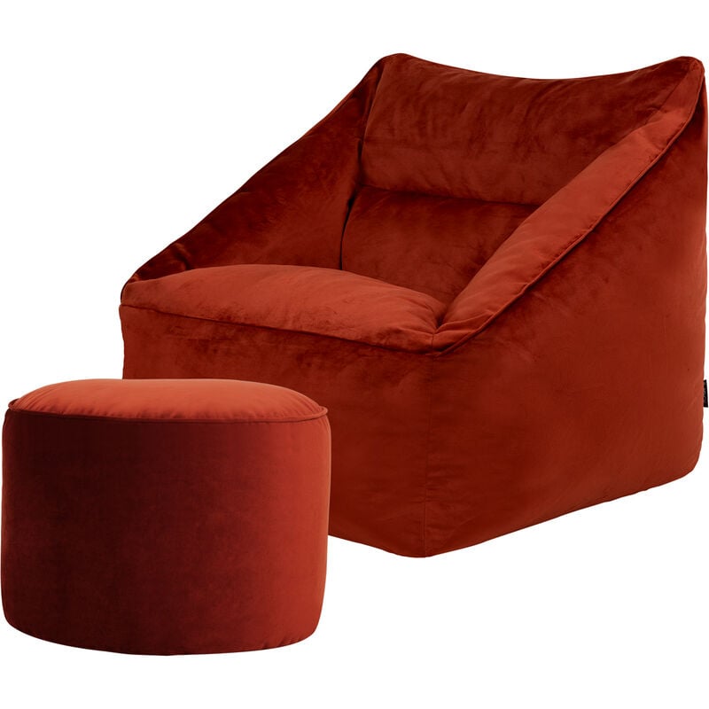 pouf fauteuil en velours natalia et rond repose-pieds, xxl pouf geant pour salon, pouf poire adultes, terre cuite orange - terre cuite orange - icon