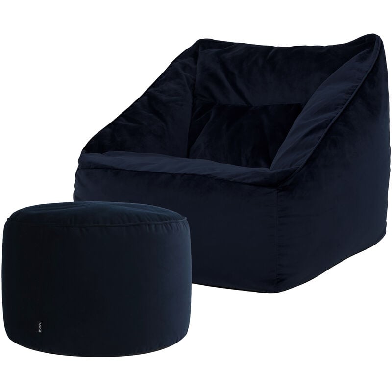 Pouf Fauteuil en Velours Natalia et Rond Repose-Pieds, xxl Pouf Geant pour Salon, Pouf Poire Adultes, Bleu Minuit - Icon