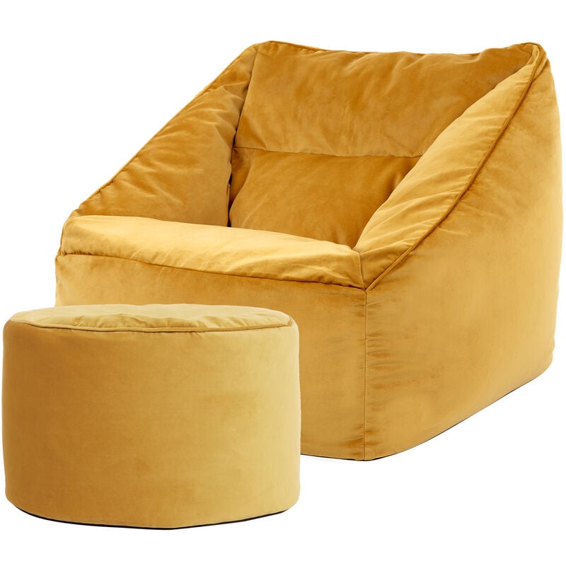 Pouf Fauteuil en Velours Natalia et Rond Repose-Pieds, xxl Pouf Geant pour Salon, Pouf Poire Adultes, Jaune Ocre - Icon