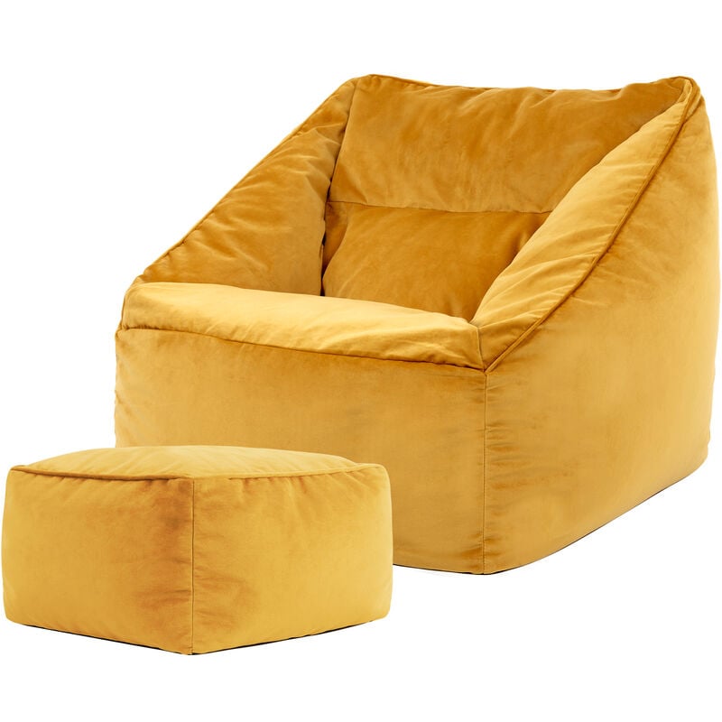 Pouf Fauteuil en Velours Natalia et Repose-Pieds, xxl Pouf Geant pour Salon, Pouf Poire Adultes, Jaune Ocre - Icon