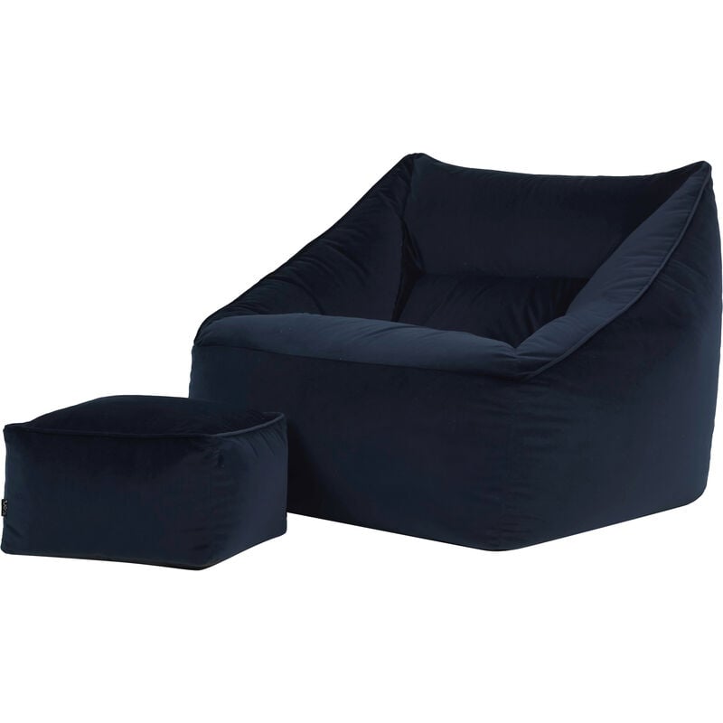 Pouf Fauteuil en Velours Natalia et Repose-Pieds, xxl Pouf Geant pour Salon, Pouf Poire Adultes, Bleu Minuit - Icon