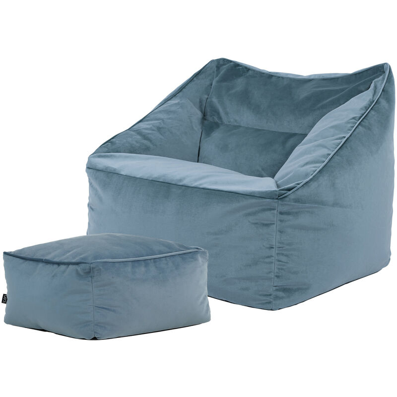 Pouf Fauteuil en Velours Natalia et Repose-Pieds, xxl Pouf Geant pour Salon, Pouf Poire Adultes, Bleu Minéral - Icon