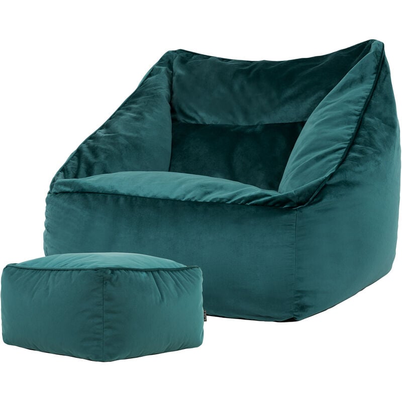 Pouf Fauteuil en Velours Natalia et Repose-Pieds, xxl Pouf Geant pour Salon, Pouf Poire Adultes, Vert Sarcelle - Icon