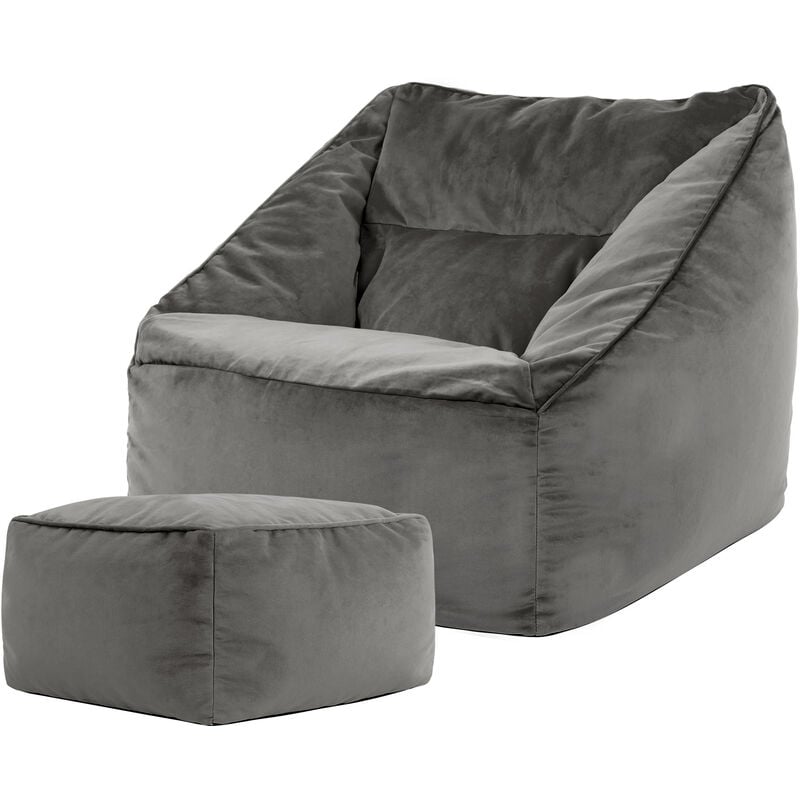 Pouf Fauteuil en Velours Natalia et Repose-Pieds, xxl Pouf Geant pour Salon, Pouf Poire Adultes, Gris Anthracite - Icon