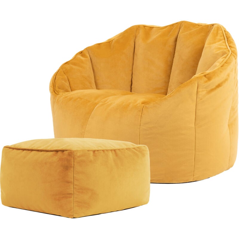Pouf Fauteuil en Velours Sirena et Repose-Pieds, Poufs de Salon, Chambre, Adultes, Jaune Ocre - Icon