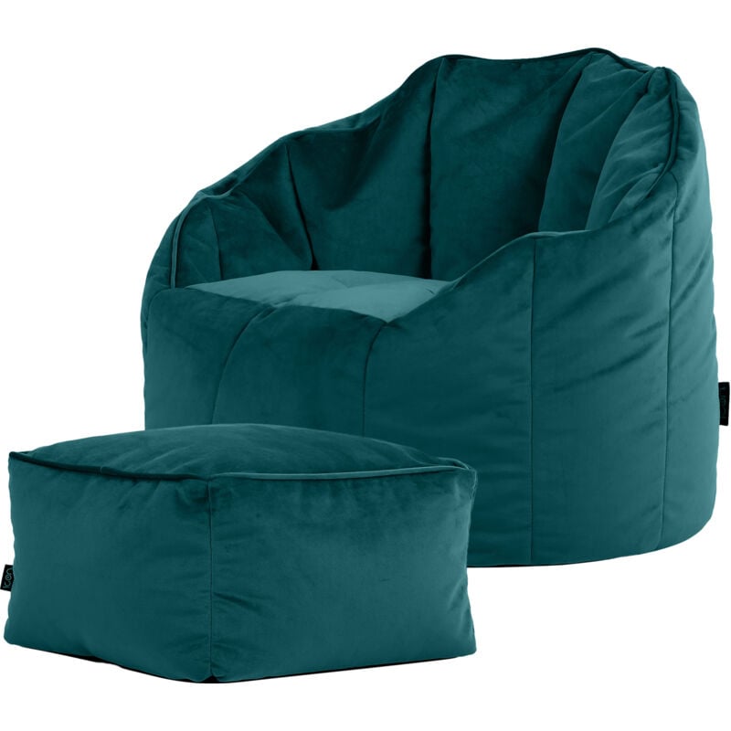 Pouf Fauteuil en Velours Sirena et Repose-Pieds, Poufs de Salon, Chambre, Adultes, Vert Sarcelle - Icon