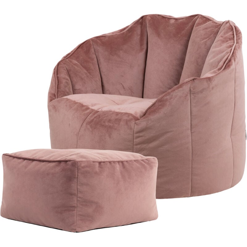 Pouf Fauteuil en Velours Sirena et Repose-Pieds, Poufs de Salon, Chambre, Adultes, Aube Rose - Icon