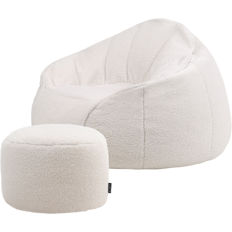 Pouf fauteuil Sherpa et repose-pieds en molleton, orso, Poufs de Salon, 95cm x 95cm, Beige/Naturel - Icon