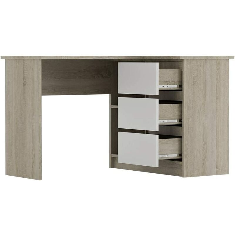 Ida - Bureau D'angle 3 Tiroirs Style Scandinave Bois Et Blanc - Bois et blanc