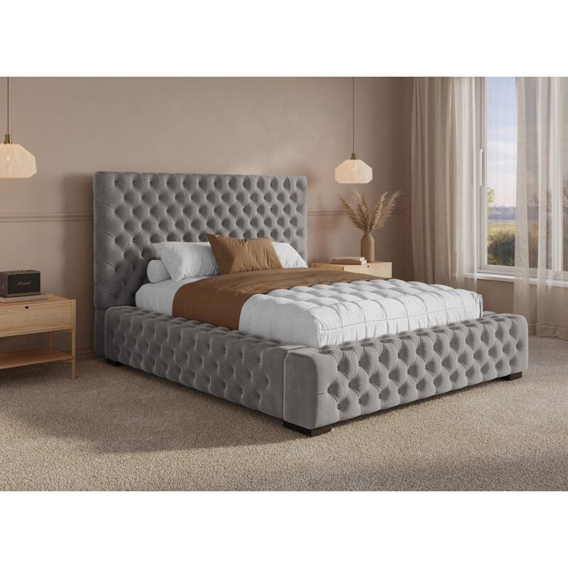 Deco In Paris - idaline - Lit coffre capitonné en velours gris idaline 140 x 190 cm