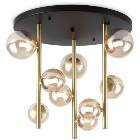 Ideal Lux PERLAGE 9-flammige Kugel-Deckenleuchte aus Messing, bernsteinfarbener Glasschirm