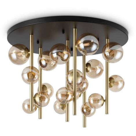 Ideal Lux PERLAGE Plafonnier globe à 18 lumières en laiton, abat-jour en verre ambré