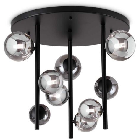 Ideal Lux PERLAGE Plafonnier globe à 9 ampoules, noir, abat-jour en verre ambré