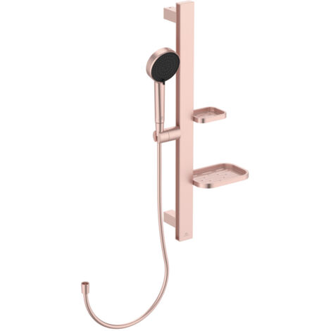 Ideal Standard - Alu+, Asta doccia in alluminio da 60cm, Saliscendi con fissaggi regolabili e due mensole a libera installazione, Set con doccetta due funzioni e tubo flessibile da 1.5mt., Rosé
