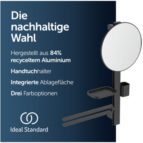 Ideal Standard ✔ Alu+ Beauty Bar Accessoires-Kombination M, mit Spiegel Durchmesser 320 mm, doppelter Handtuchhalter, Ablage und Becher, Silk Black