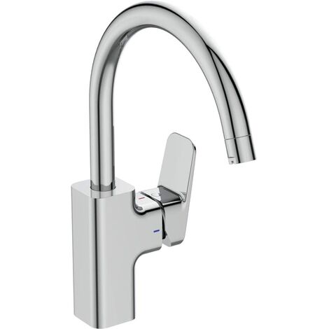 Ideal Standard - Ceraplan, Miscelatore monocomando per lavello da cucina, Bocca alta tubolare curva orientabile, Cromato