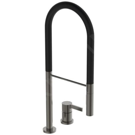 Ideal Standard Gusto - Mitigeur d´évier avec bras flexible et douchette, installation à 2 trous, gris magnétique/noir BD425A5