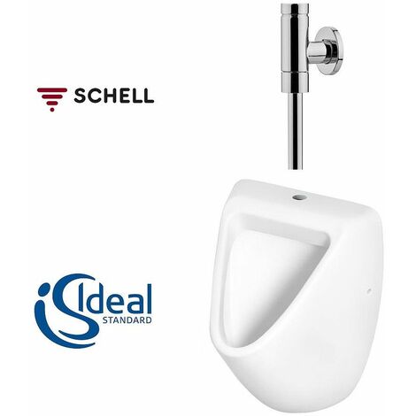 Ideal Standard – Kit complet urinoir céramique mural avec robinet temporisé Schell – Alimentation verticale – Volume réglable 1 à 6 litres