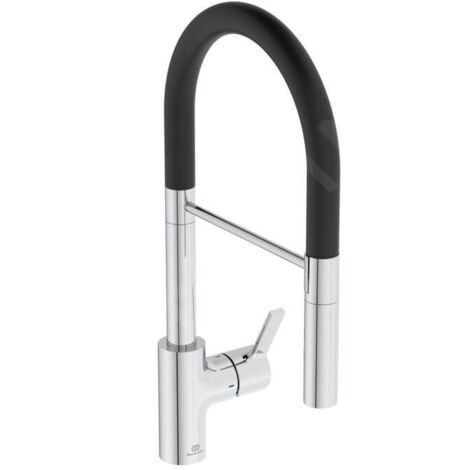 Ideal Standard – Mitigeur d'évier avec bras flexible et douchette extractible – Hauteur 484 mm – Finition chrome et noir – Bec pivotant – BD417AA