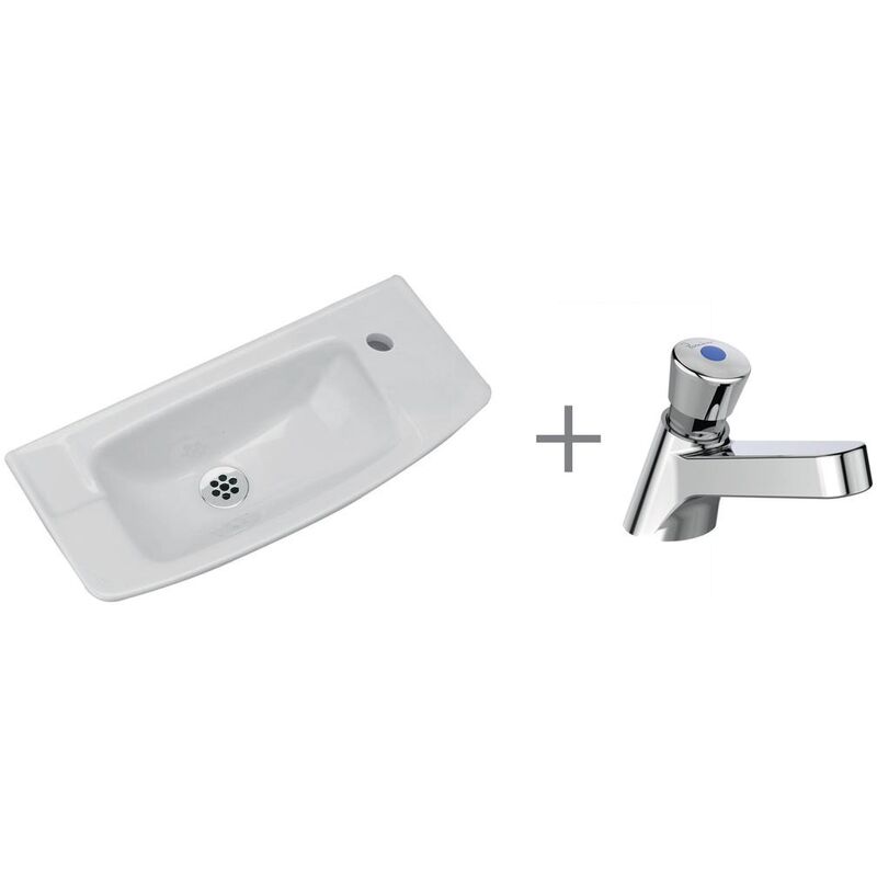 Ulysse Vitreous china free standing cloakroom basin, White + Olyos Tempo timed basin mixer, Chrome (R033367) - Ideal Standard