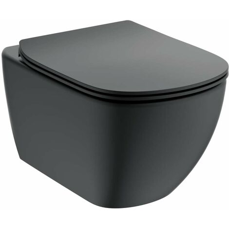 Ideal Standard – WC suspendu Aquablade noir soyeux – Abattant SoftClose ultra plat – Pour réservoir encastré 4,5L – Fixation dissimulée